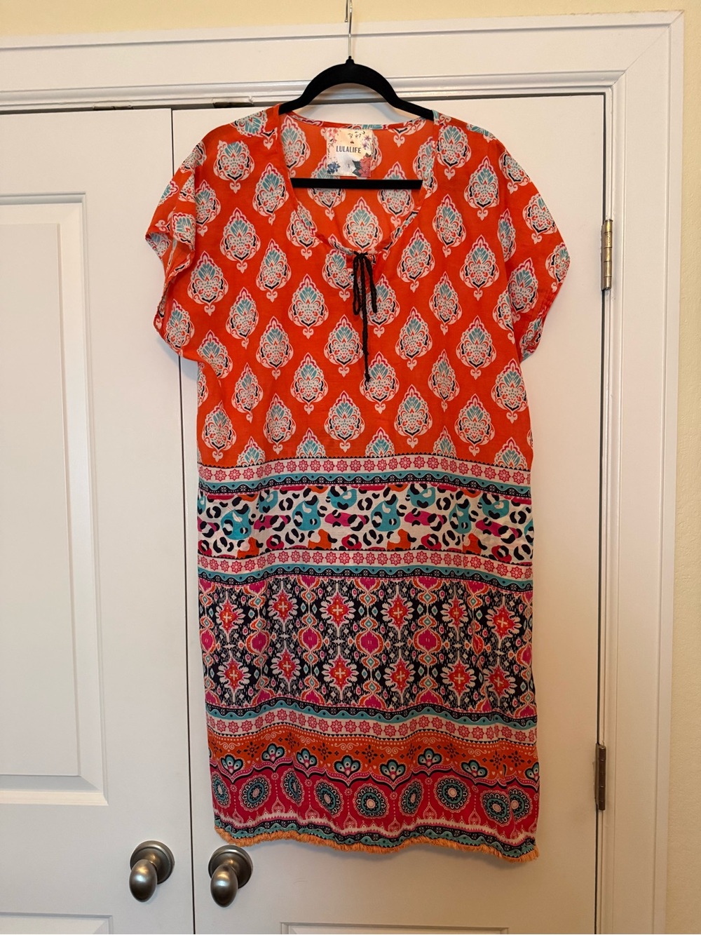 Lulalife Orange Multi-Pattern Short Sleeve Dress with pockets